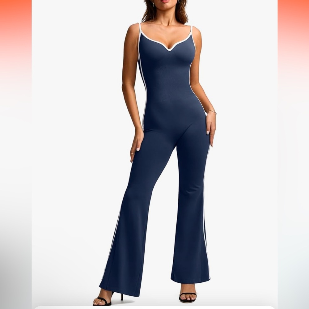 Vilanva L NIP NAVY BLUE TUMMY CONTROL FLARE LEG YOGA workout JUMPSUIT
